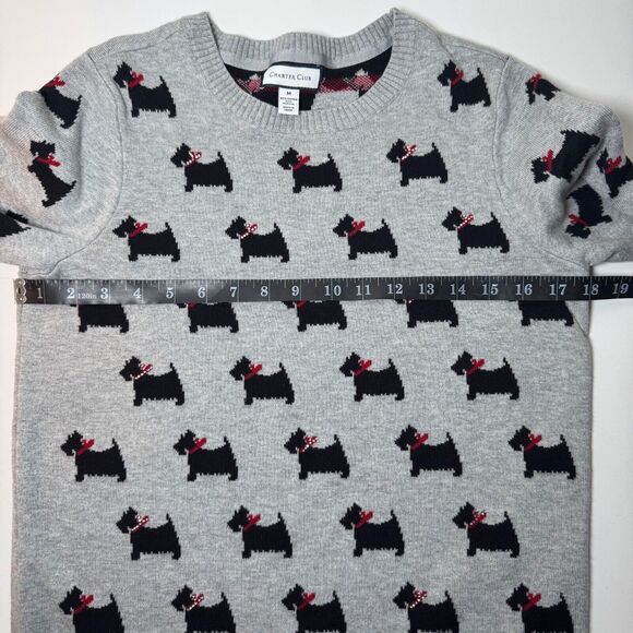 Charter Club Womens Sweater Scottie Dog Print Medium Gray Rhinestones Preppy - Picture 9 of 13